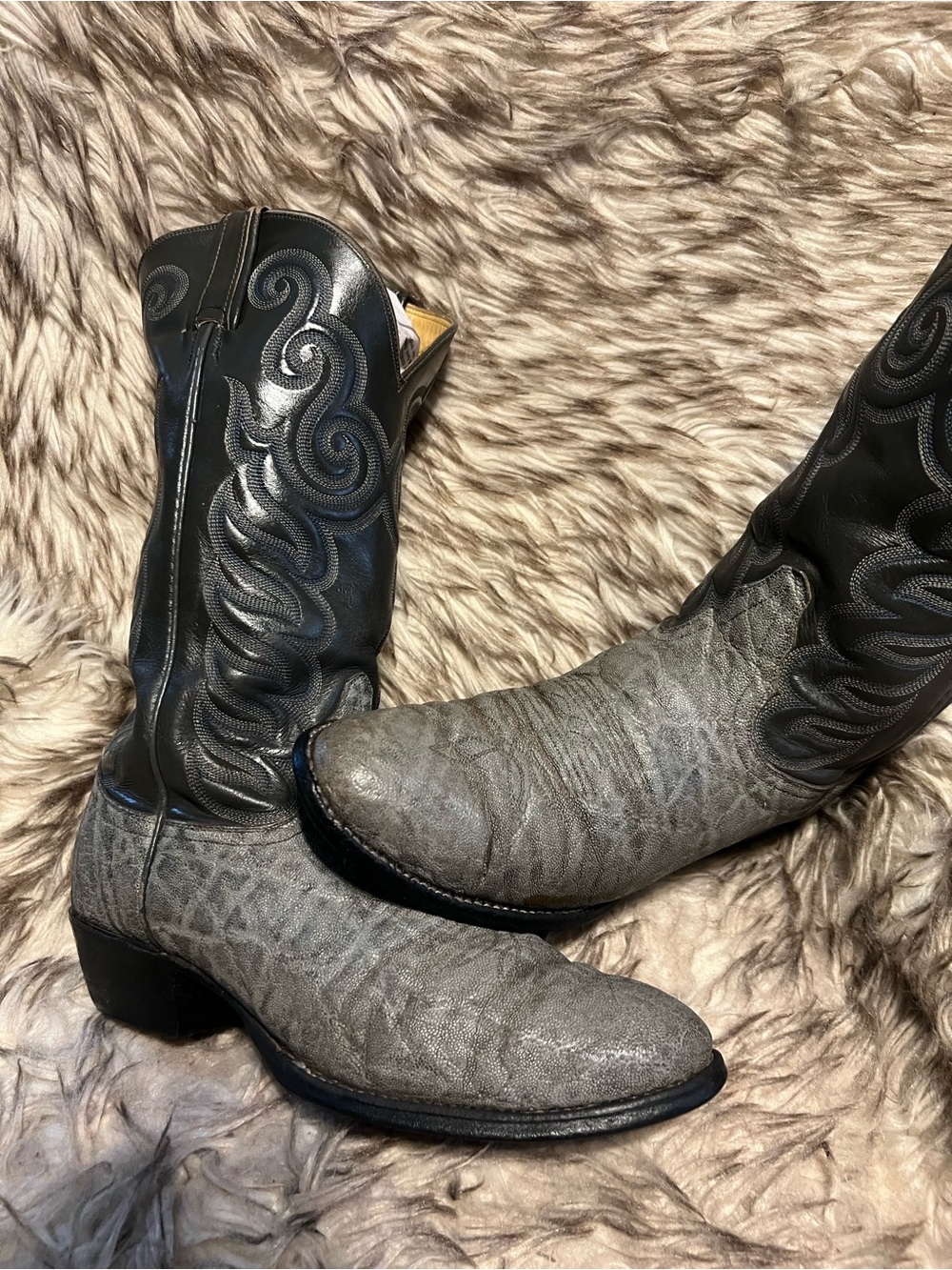 Tony Lama men Elephant & Leather Western Boots in Black and Gray Sz 8 E new heel
